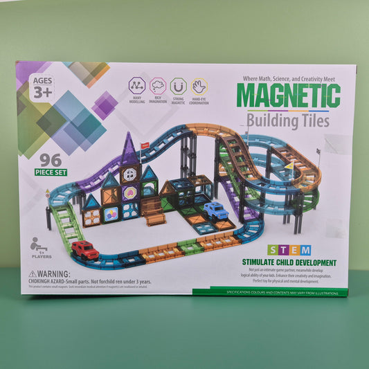Magnetic Car Track Building Set – 96-Piece Magnetic Tiles Race Track