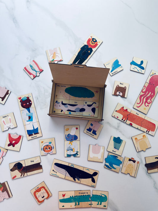 Cartoon Animal Shape Matching Puzzle with Wooden Storage Box