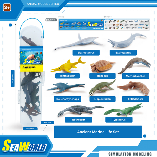 SeaWorld Ancient Marine Life Set with toy dinosaurs and packaging on a white background