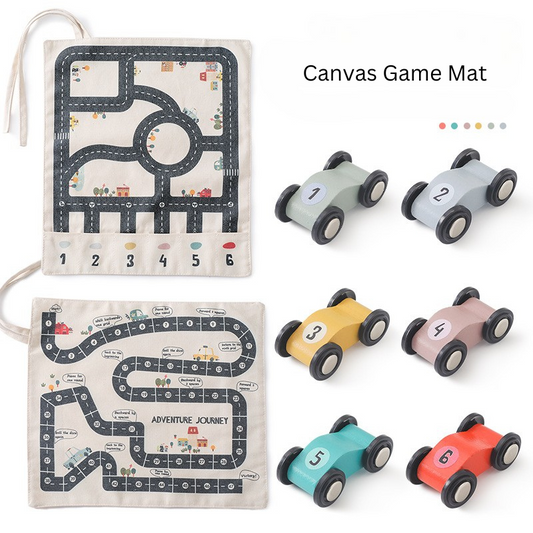 Canvas Game Mat with Wooden Cars and Dice Roll Board Game Set inclusion