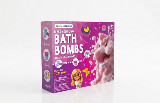 Box of 'Make Your Own Bath Bombs' craft kit on a white background
