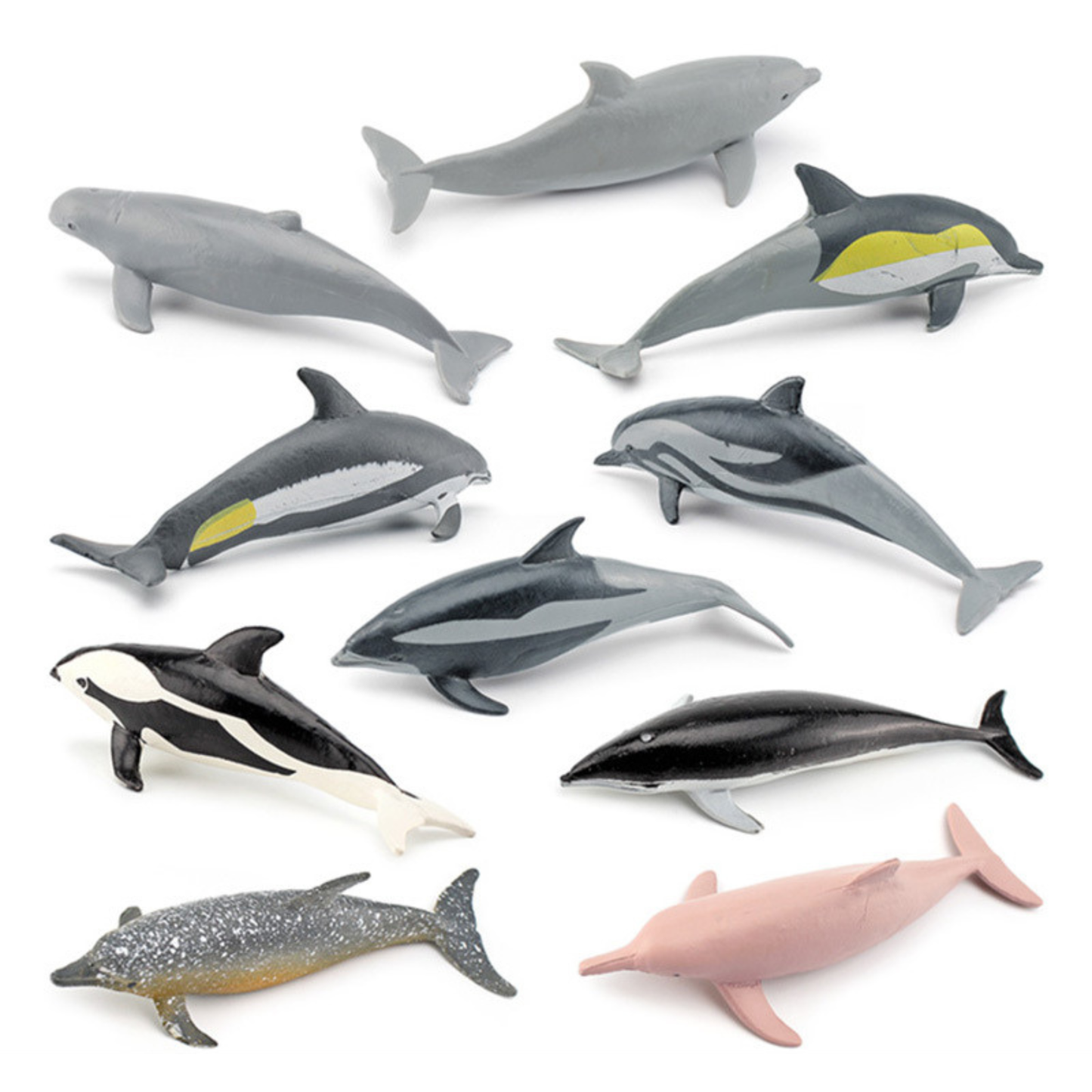 Collection of various dolphin figurines on a white background