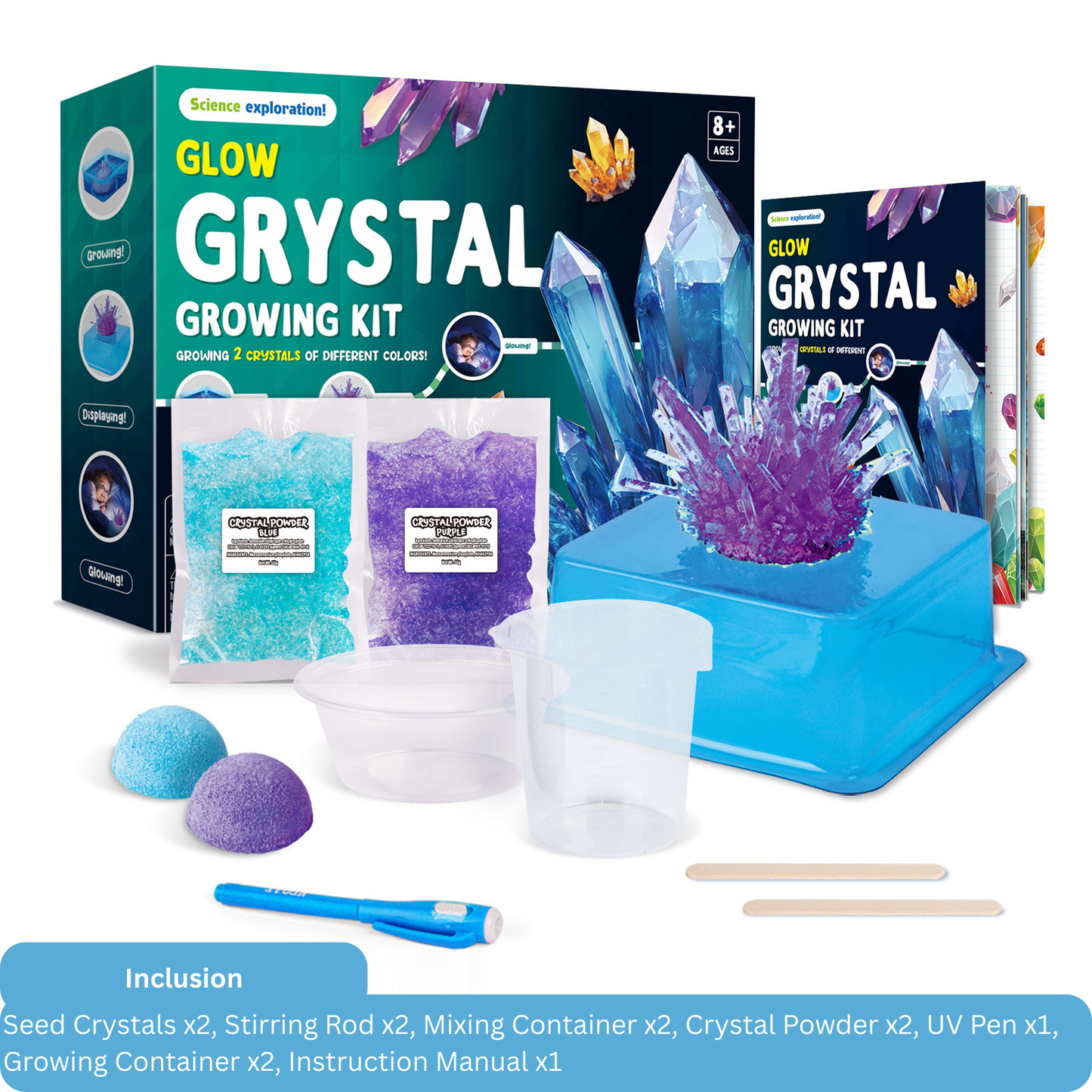 Glow crystal growing kit with packaging, crystals, and tools on a white background