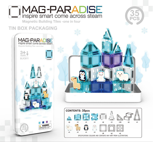 MAG-PARADISE 35-Piece Micro Magnetic Building Block Set – Arctic World & Winter Animals STEAM Toy with Portable Tin Box (Ages 3+)