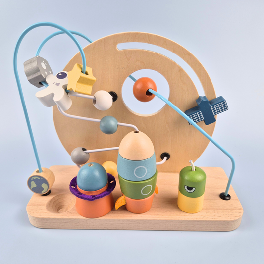 Wooden Space Planet Bead sorting set with stacking rocket