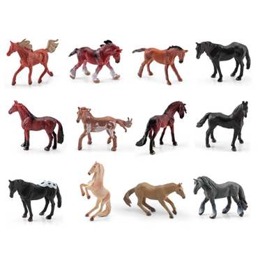 Set of toy horse figures in various colors and poses on a white background