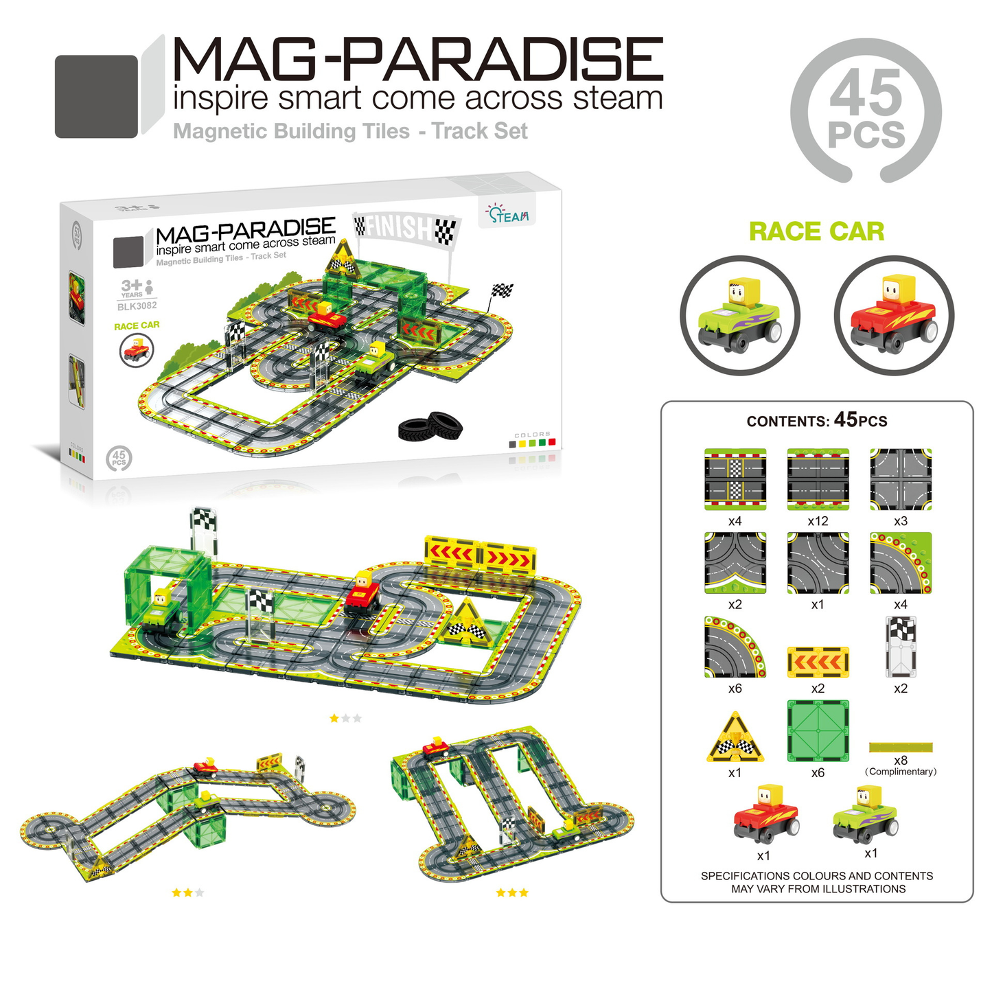 Magnetic Tiles Race Car Track set 45Pcs Mag-Paradise