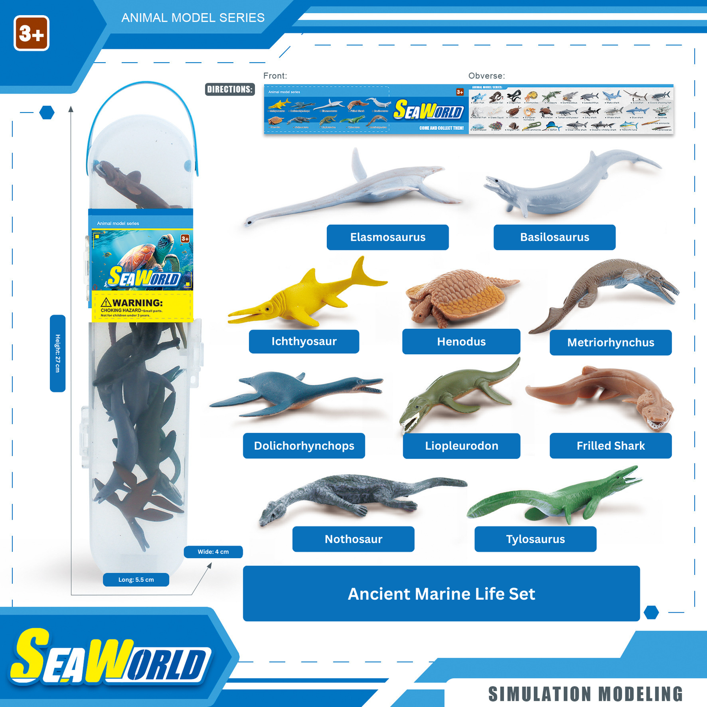 SeaWorld Ancient Marine Life Set with toy dinosaurs and packaging on a white background
