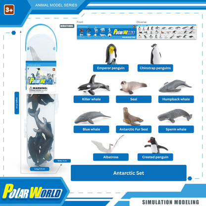 Polar World Antarctic set with animal models and packaging on a white background