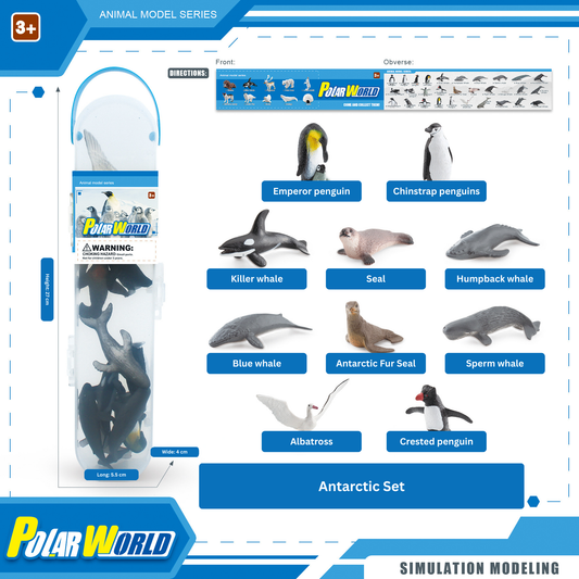 Polar World Antarctic set with animal models and packaging on a white background