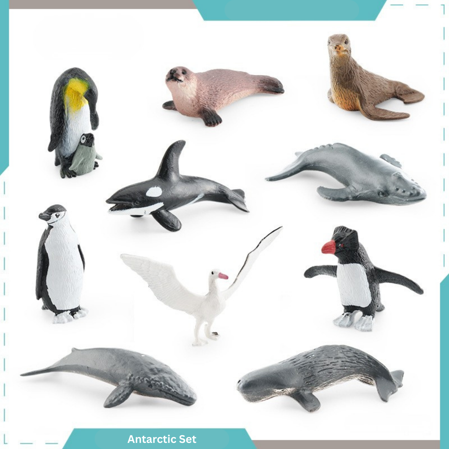 Collection of Antarctic animal figurines including penguins, seals, and whales on a white background.