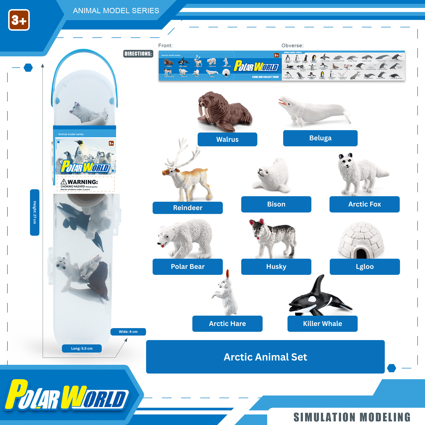Polar World Arctic animal set packaging with toy animals and display stand.