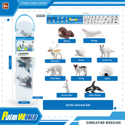Polar World Arctic animal set packaging with toy animals and display stand.