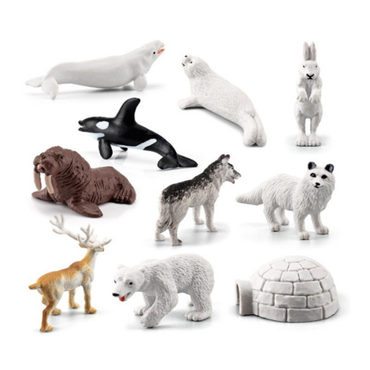 Collection of Arctic animal figurines on a white background