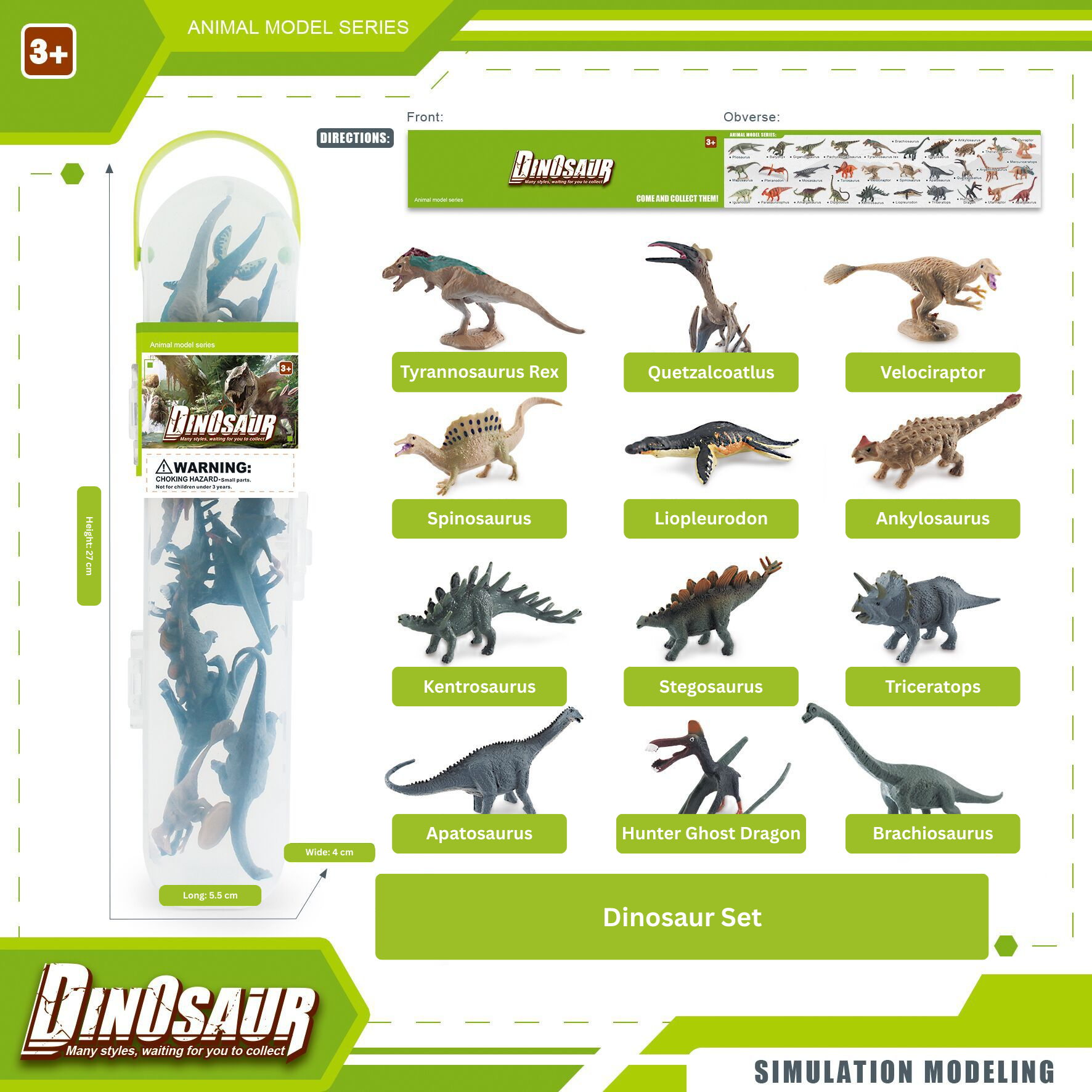 Dinosaur toy set packaging with various dinosaur models and branding on a white background.