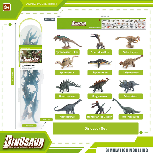 Dinosaur toy set packaging with various dinosaur models and branding on a white background.