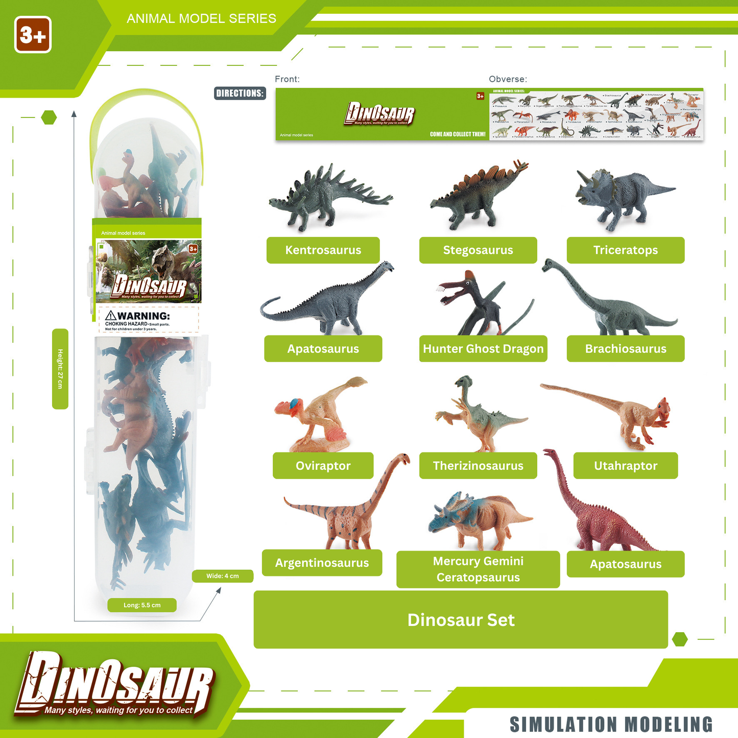 Dinosaur toy set with packaging and illustrations on a white background