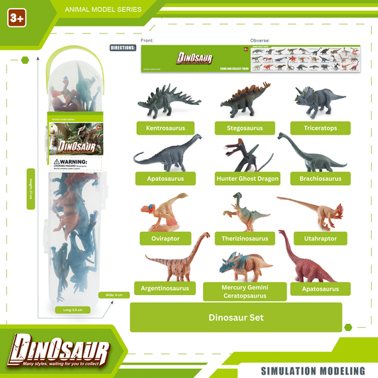 Dinosaur toy set with packaging and illustrations on a white background