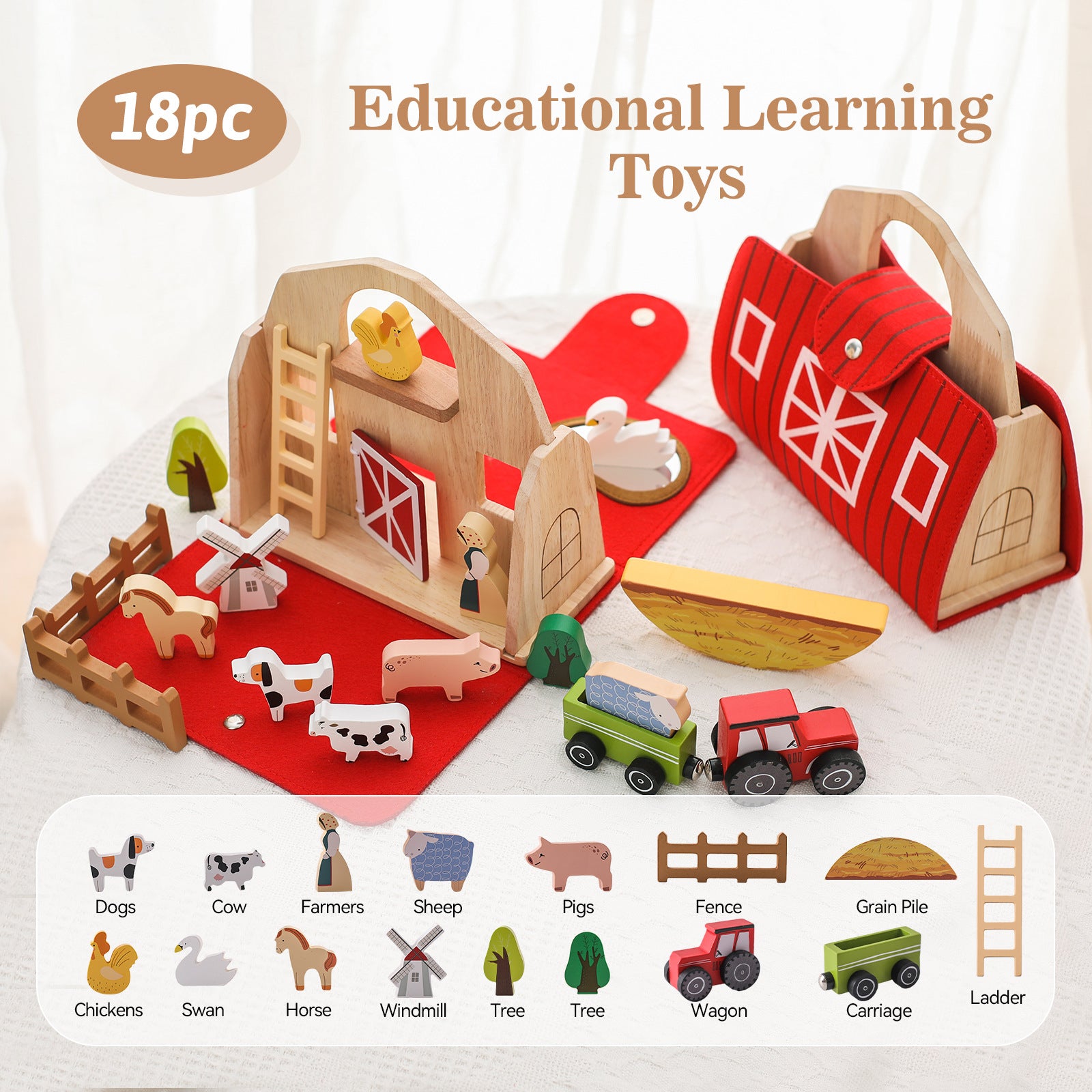 18-piece educational farm toy set with wooden barn and various farm animals on a white background.