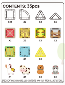 A product contents sheet showing 15 toy pieces with labels, including geometric shapes, patterned tiles, and animal figures, with text stating 'CONTENTS: 35pcs' and 'SPECIFICATIONS COLOURS AND CONTENTS MAY VARY FROM ILLUSTRATIONS.'.
