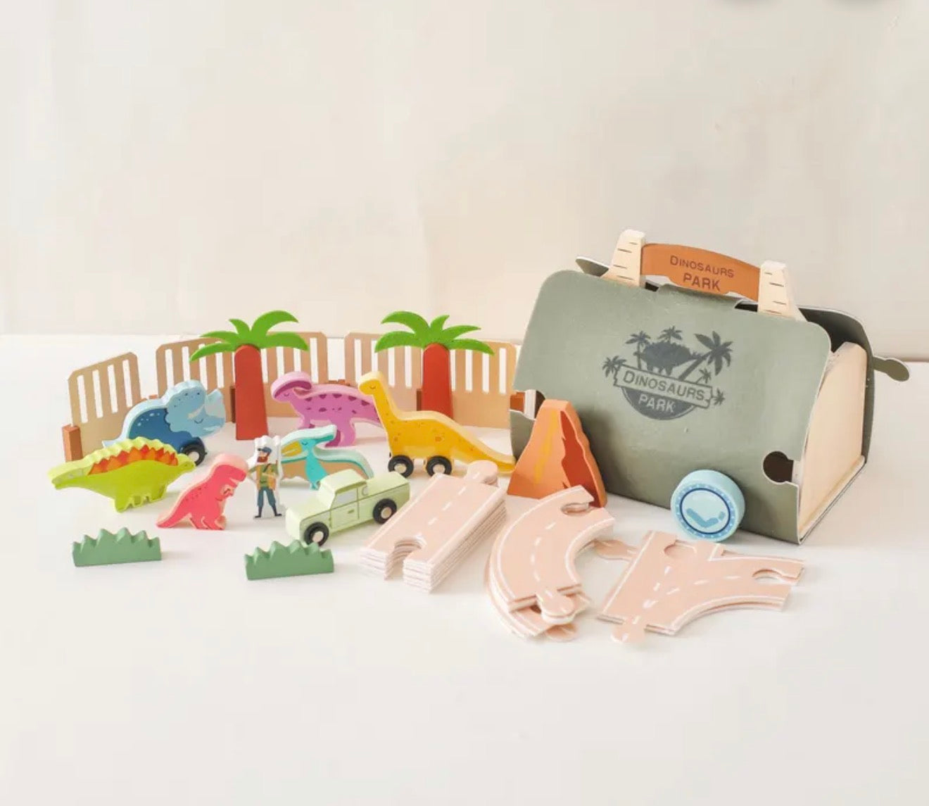 Wooden Dinosaur Playset with Volcano Felt Bag – Portable Montessori STEM Toy