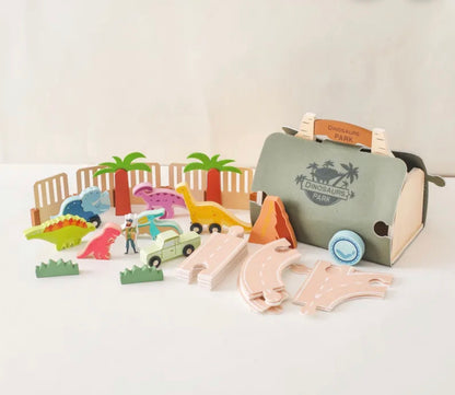 Wooden Dinosaur Playset with Volcano Felt Bag – Portable Montessori STEM Toy