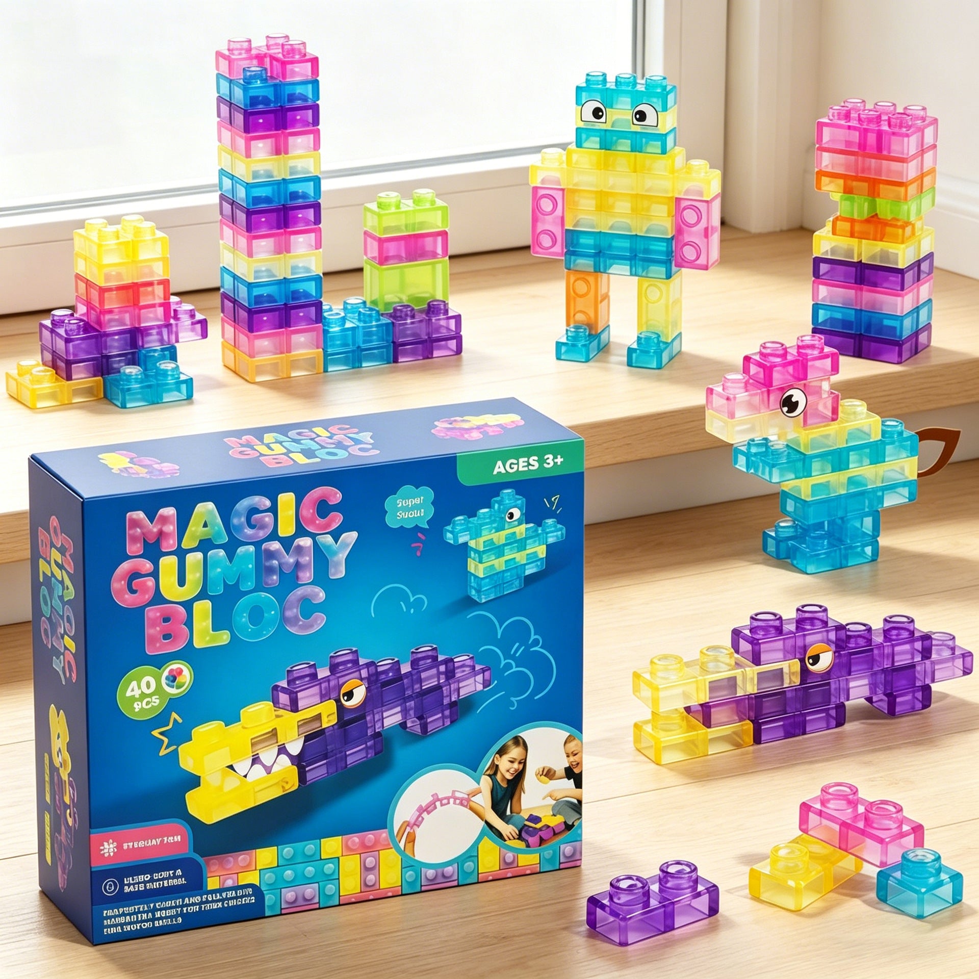 Colorful Magic Gummy Bloc building blocks set with packaging on a wooden surface.