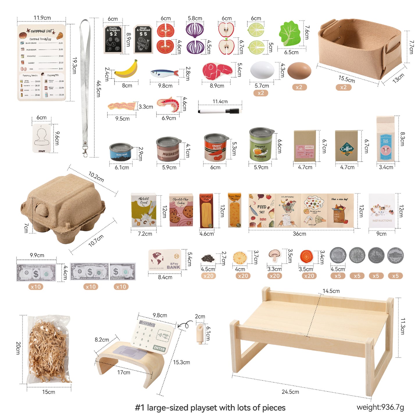 Wooden Grocery Store Pretend Play Set - Kids Market Stand Toy with POS Terminal, Play Money, Shopping List & Accessories