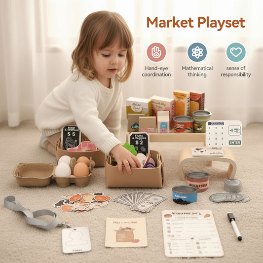 Wooden Grocery Store Pretend Play Set - Kids Market Stand Toy with POS Terminal, Play Money, Shopping List & Accessories