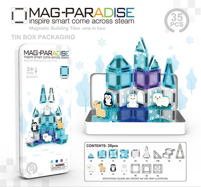 MAG-PARADISE 35-Piece Micro Magnetic Building Block Set – Arctic World & Winter Animals STEAM Toy with Portable Tin Box (Ages 3+)