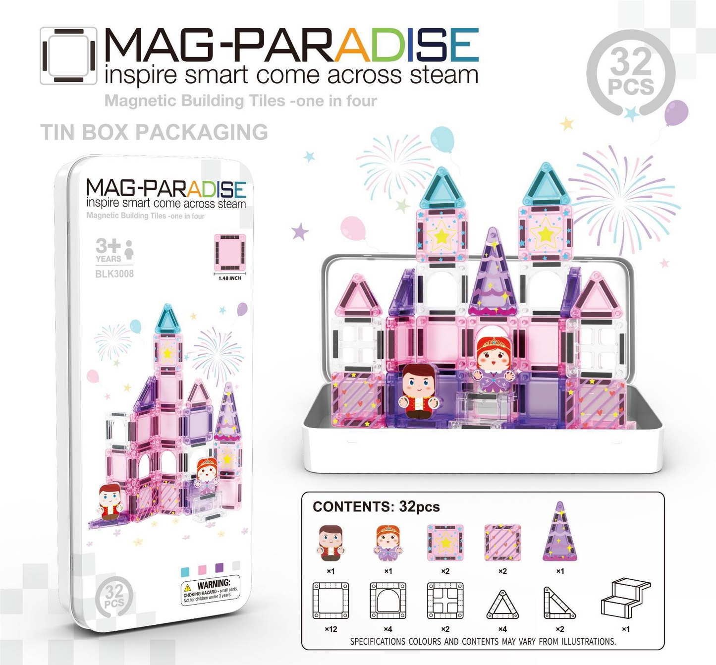 MAG-PARADISE 32-Piece Micro Magnetic Building Block Set – Pink Princess Castle STEAM Toy with Portable Tin Box (Ages 3+)