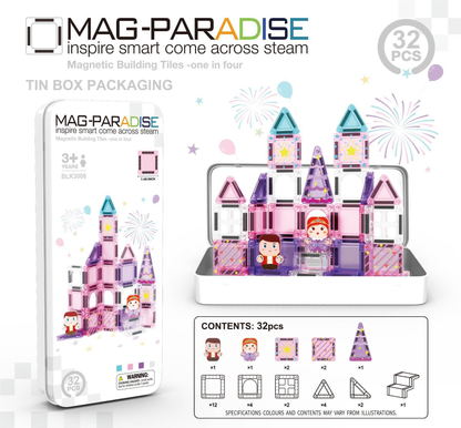 MAG-PARADISE 32-Piece Micro Magnetic Building Block Set – Pink Princess Castle STEAM Toy with Portable Tin Box (Ages 3+)