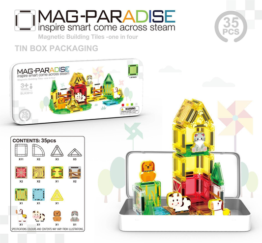 MAG-PARADISE 35-Piece Micro Magnetic Building Block Set – Farm Animal & Barn STEAM Toy with Portable Tin Box (Ages 3+)