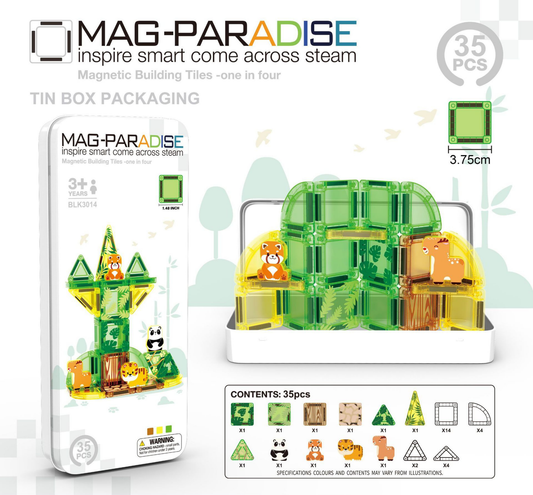 MAG-PARADISE 35-Piece Micro Magnetic Building Block Set – Forest Animal & Jungle Kingdom STEAM Toy with Portable Tin Box (Ages 3+)