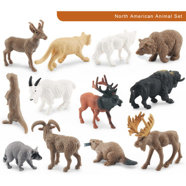 Set of North American animal figurines on a white background