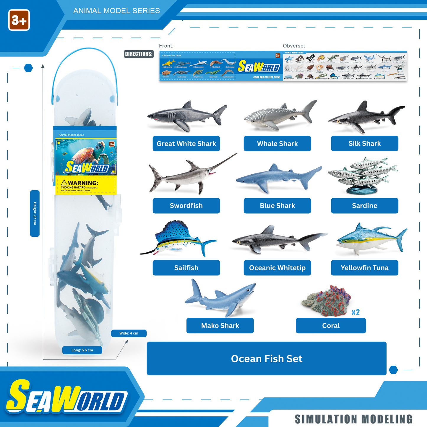 Seaworld ocean fish set with shark models and packaging on a white background