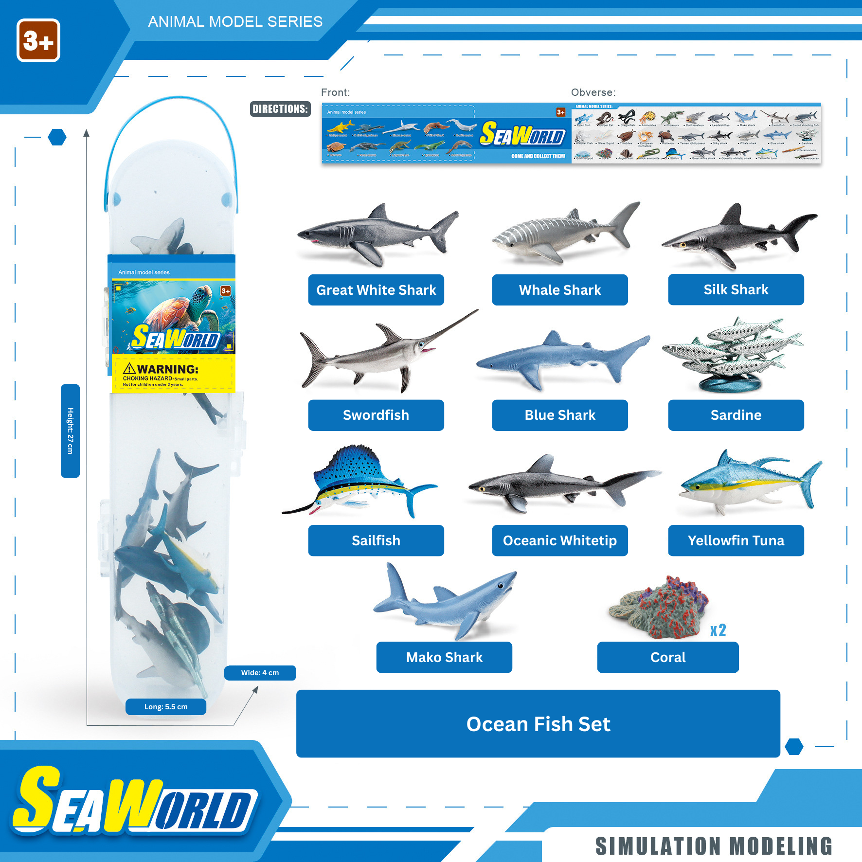 Seaworld ocean fish set with shark models and packaging on a white background