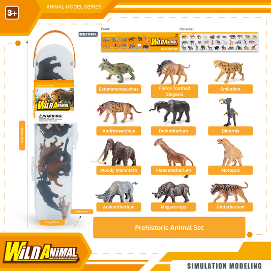 Prehistoric animal model set with packaging and naming labels on a white background