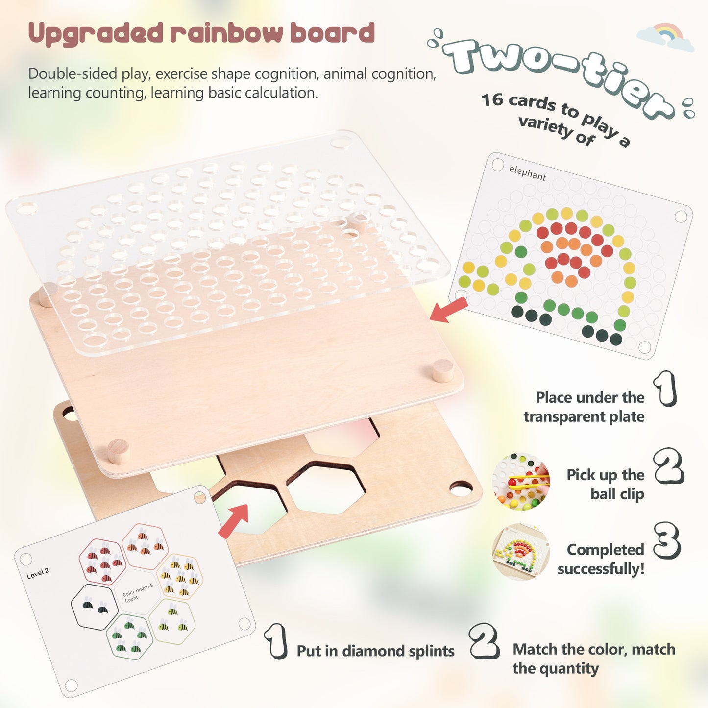 Educational toy with rainbow board and cards for shape and color recognition.