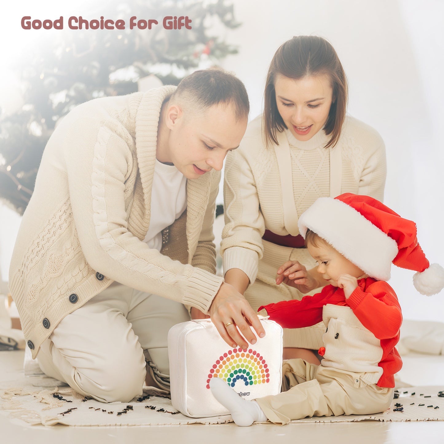 Family with a child in a Santa hat looking at a product together, with text 'Good Choice for Gift' above.