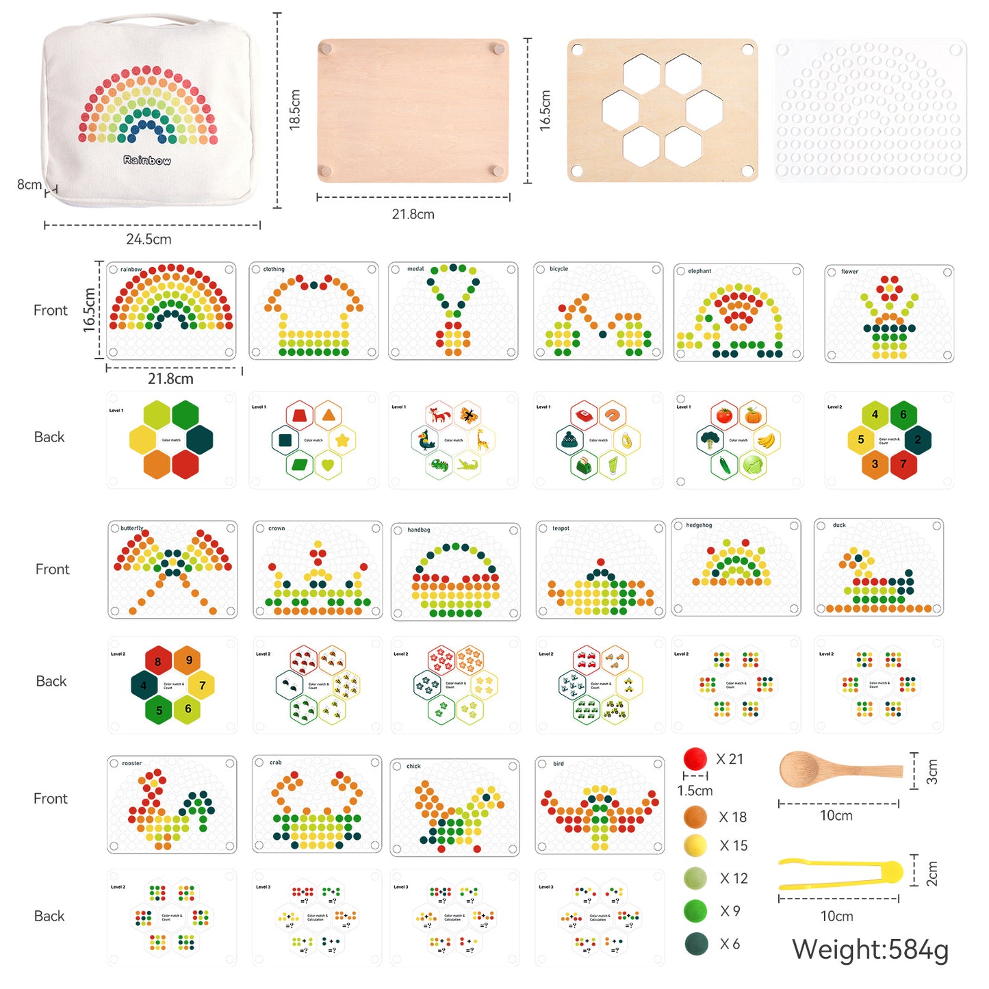 Set of wooden stamps with colorful designs and measurements on a white background