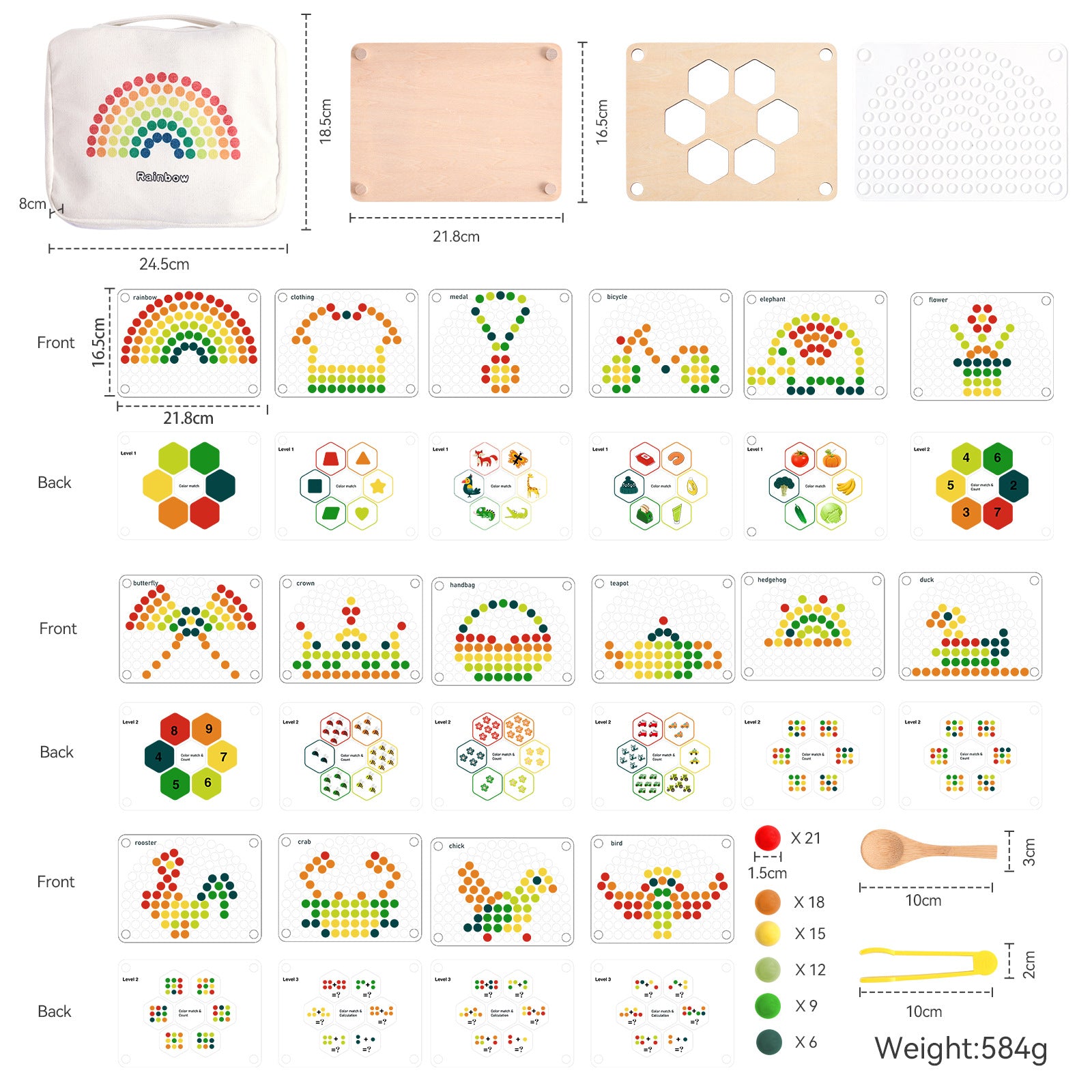 Set of wooden stamps with colorful designs and measurements on a white background
