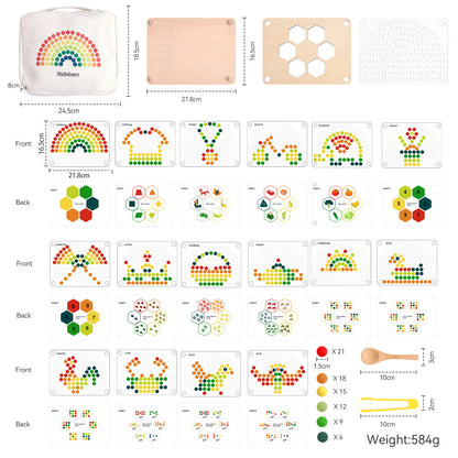 Set of wooden stamps with colorful designs and measurements on a white background