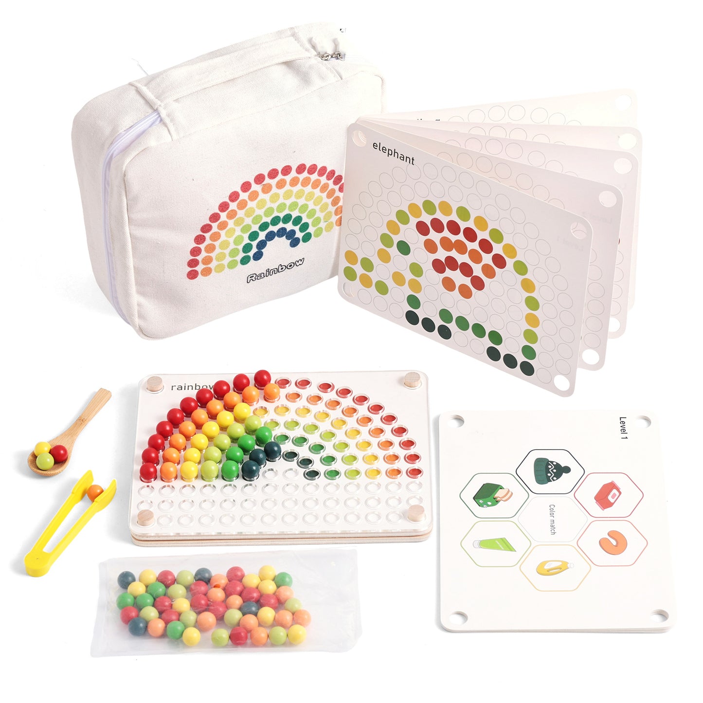 Educational toy set with rainbow beads, pouches, and cards on a white background