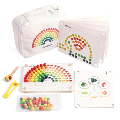 Educational toy set with rainbow beads, pouches, and cards on a white background
