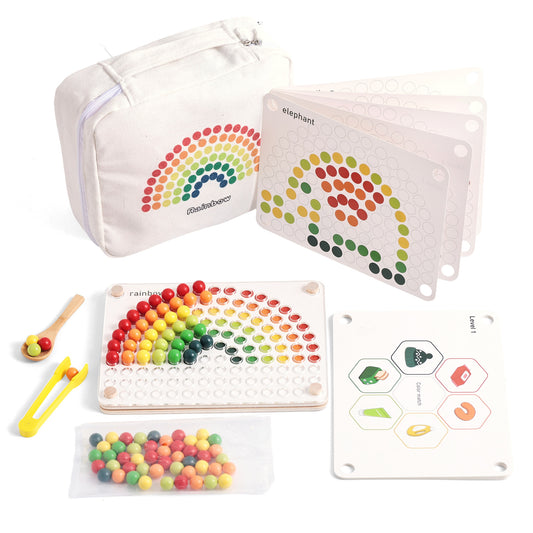 Educational toy set with rainbow beads, pouches, and cards on a white background