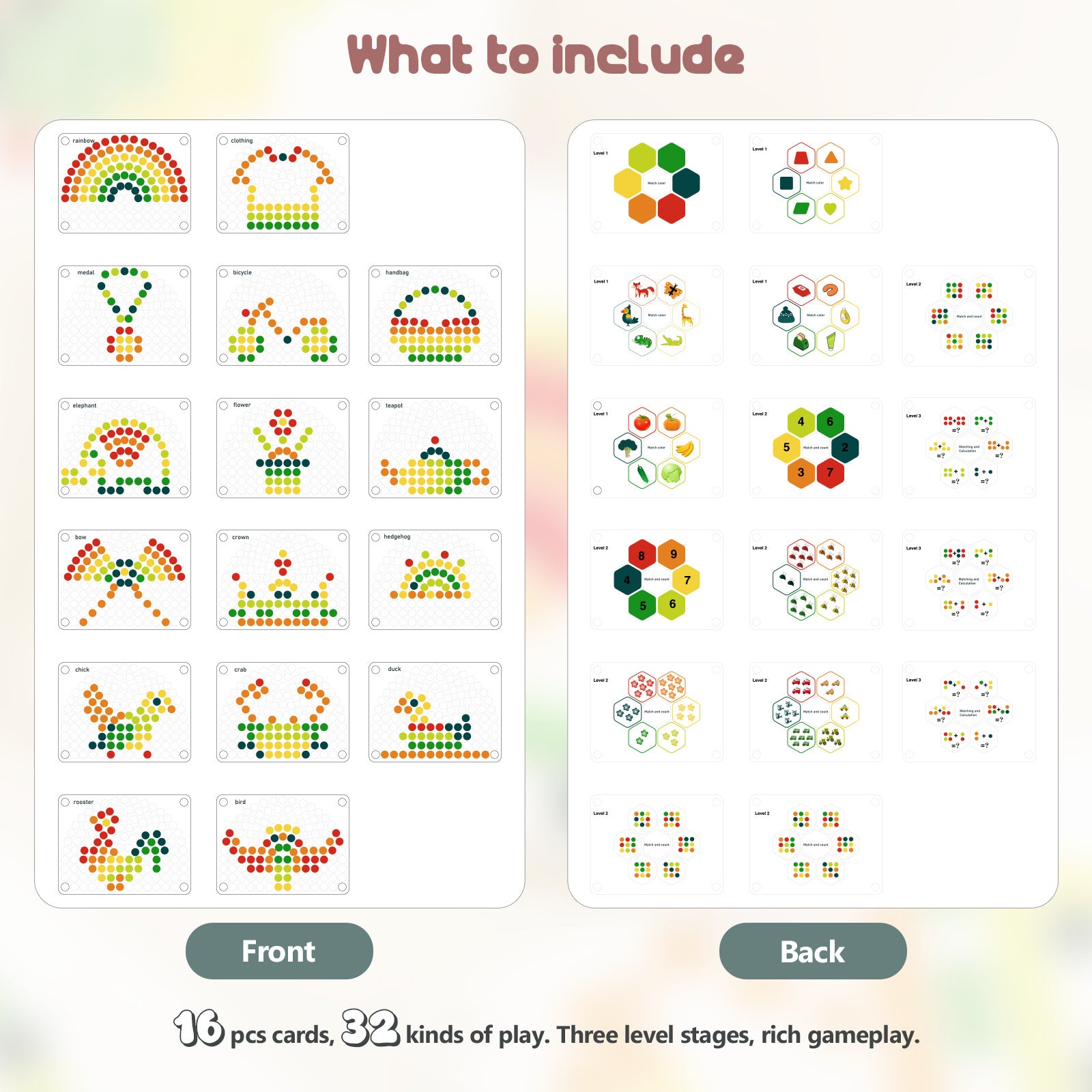 Colorful dot cards with front and back designs on a gradient background