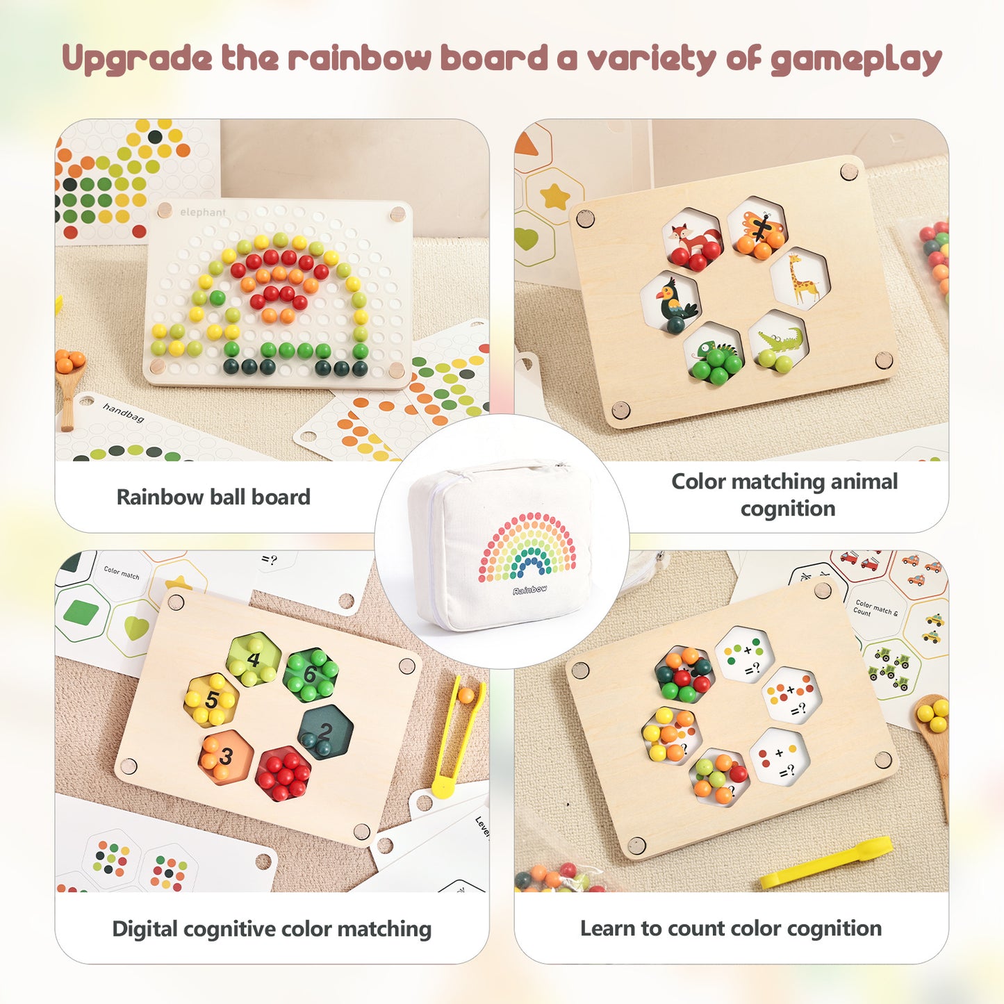 Wooden educational toys with various boards and colorful items on a beige background.