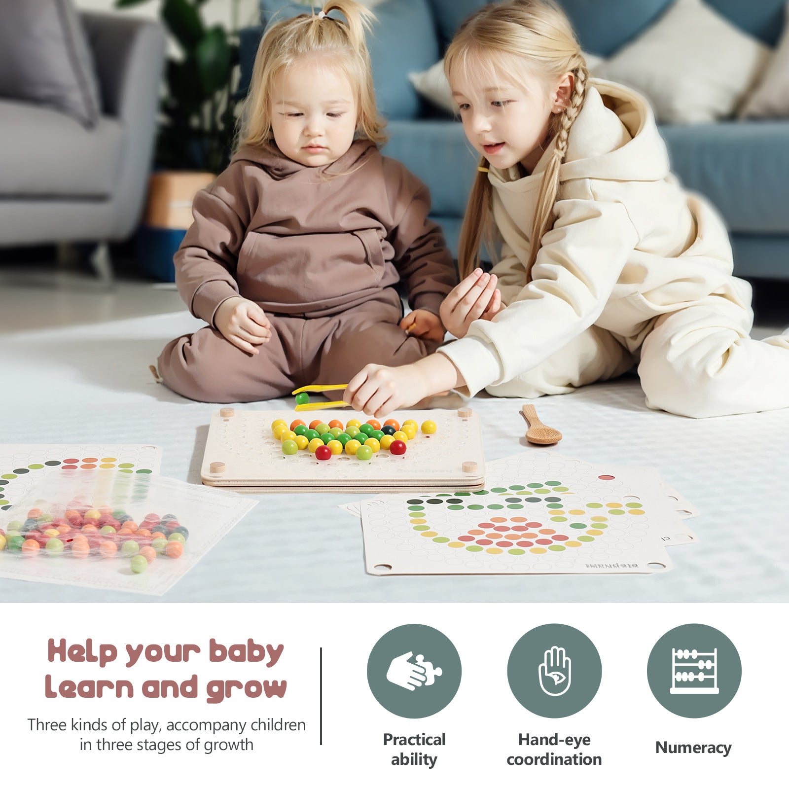 Two children playing with educational toys on the floor in a living room.