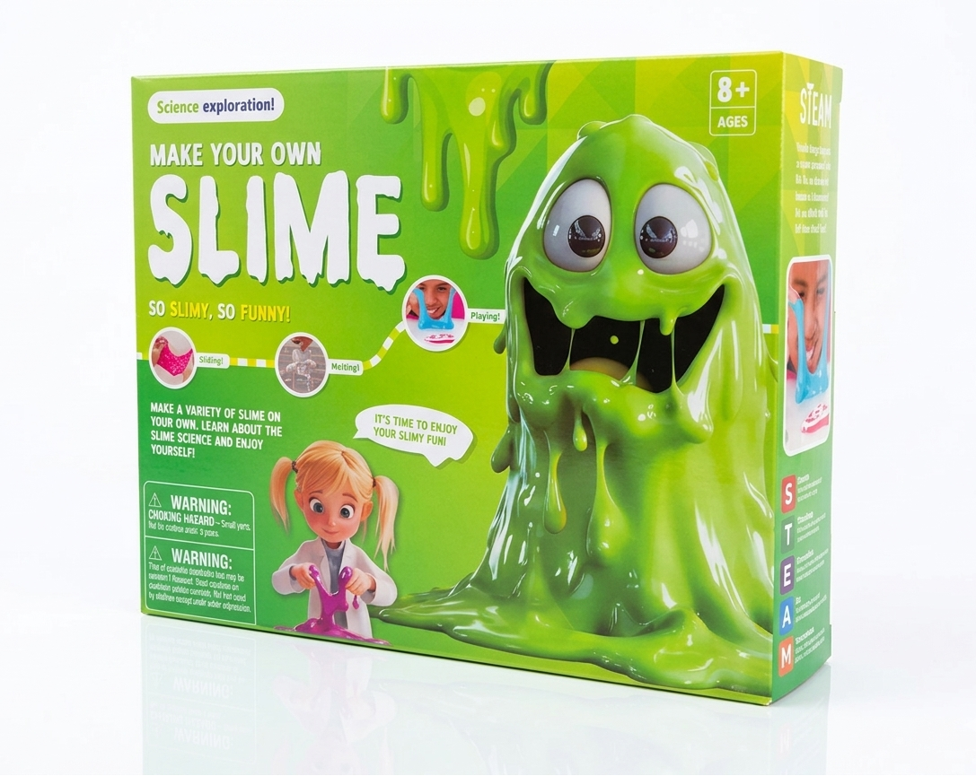 Box of 'Make Your Own Slime' kit with green slime figure on a white background